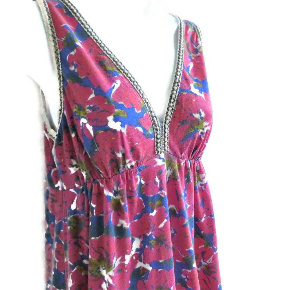 Lucky Brand Peru Maxi Dress Pink Blue Floral Cotton Silver Lurex Trim S - Picture 4 of 7